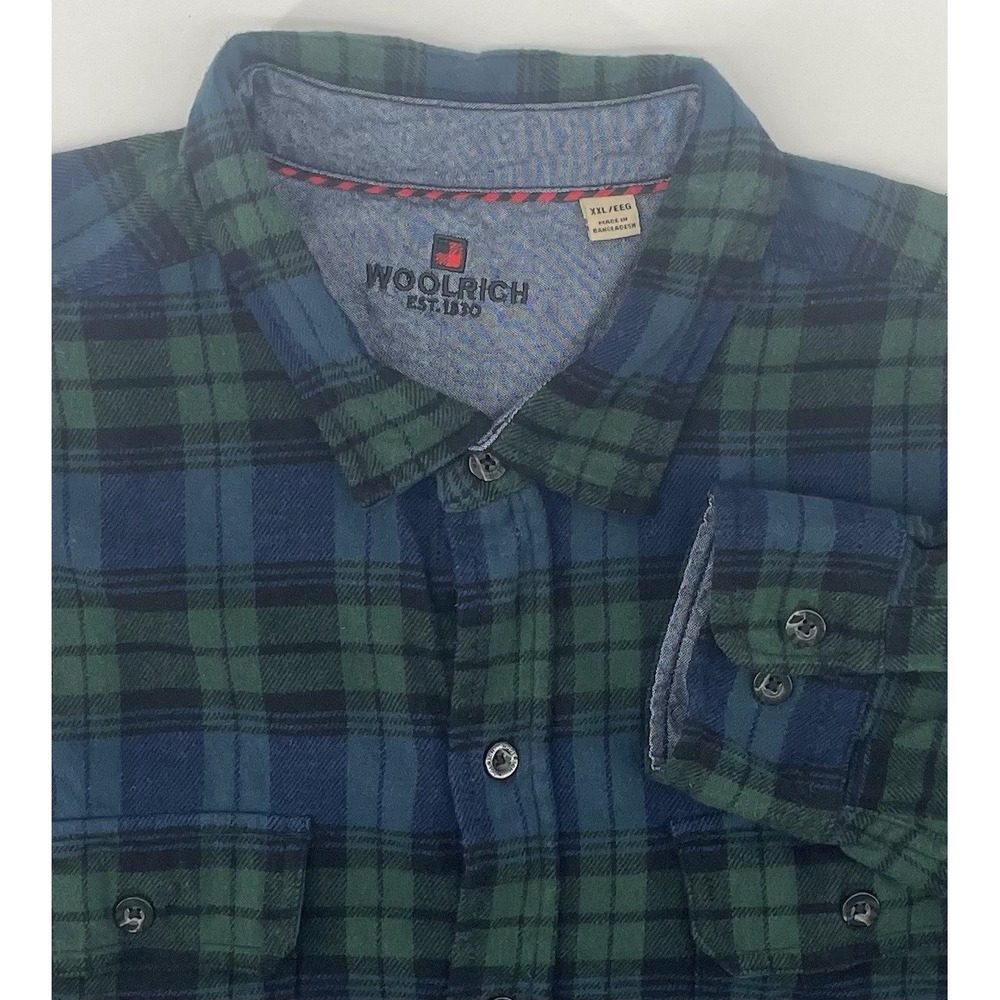 Woolrich Flannel Shirt Mens XXL Green Blue Plaid Long Sleeve Button Down Outdoor